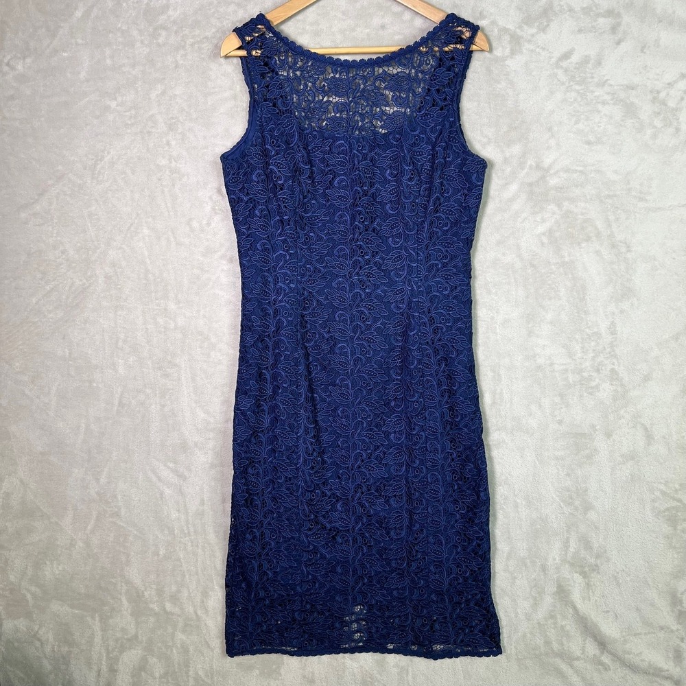 White House Black Market Dress Size 10 Navy Floral Lace Overlay‎ Sleeveless